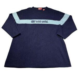 Y2K Ecko Unltd Knit Sweater XXL Navy Blue Rhino Logo 2000s Streetwear